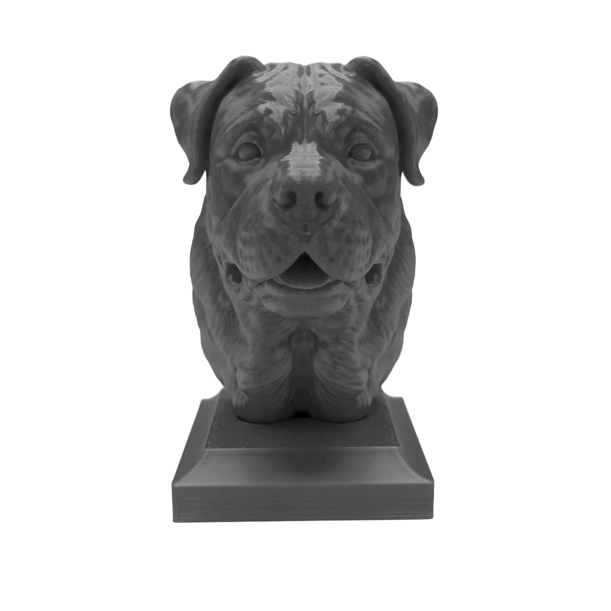 Rottweiler Kopf mit leicht geöffnetem Maul - 3D Skulptur mit Sockel in Schwarz Rottweiler Kopf mit leicht geöffnetem Maul - 3D Skulptur mit Sockel in Schwarz