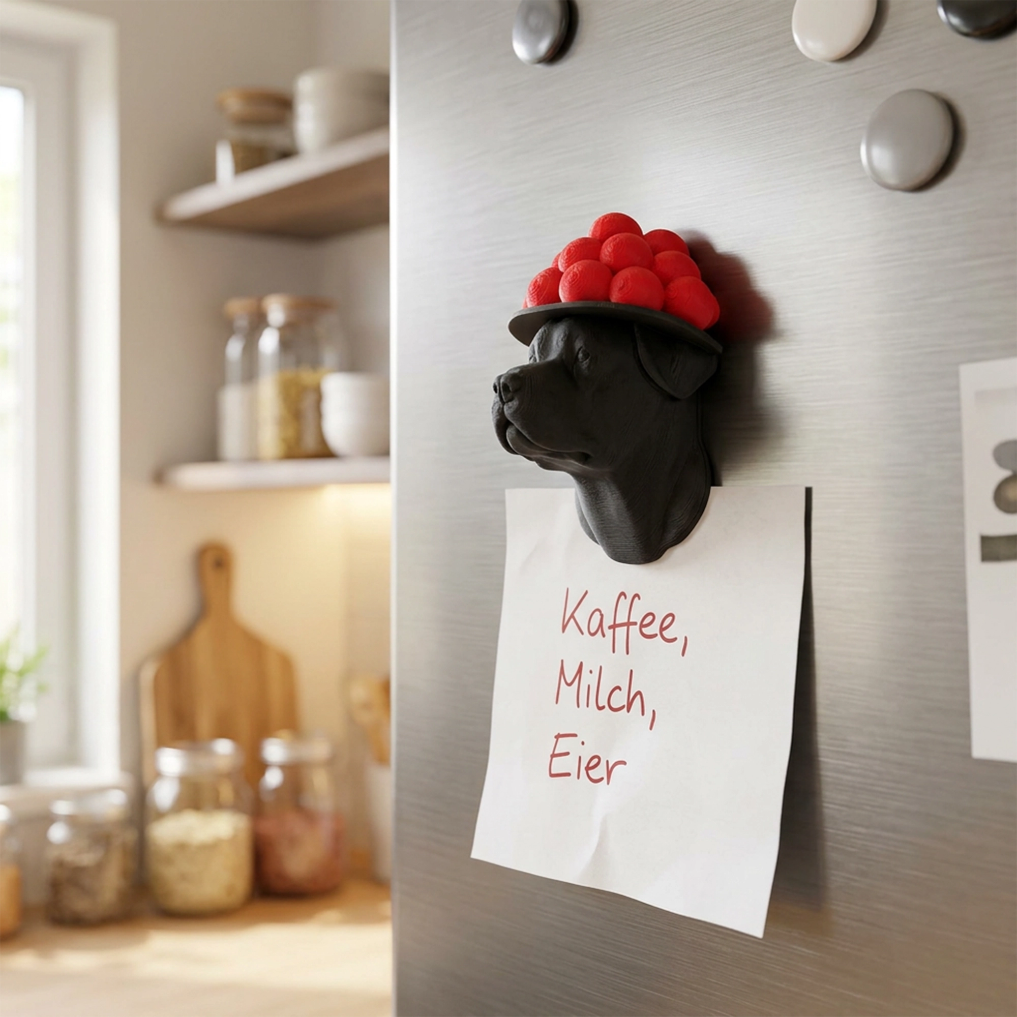 Rottweiler-Kopf mit Bollenhut – 3D-Magnet aus Kunststoff Rottweiler-Kopf mit Bollenhut – 3D-Magnet aus Kunststoff