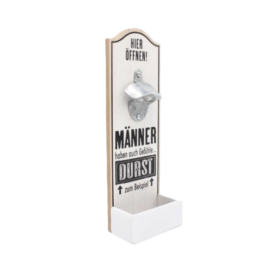 Wandflaschenöffner aus Holz "Männer haben auch Gefühle... Durst zum Beispiel"
