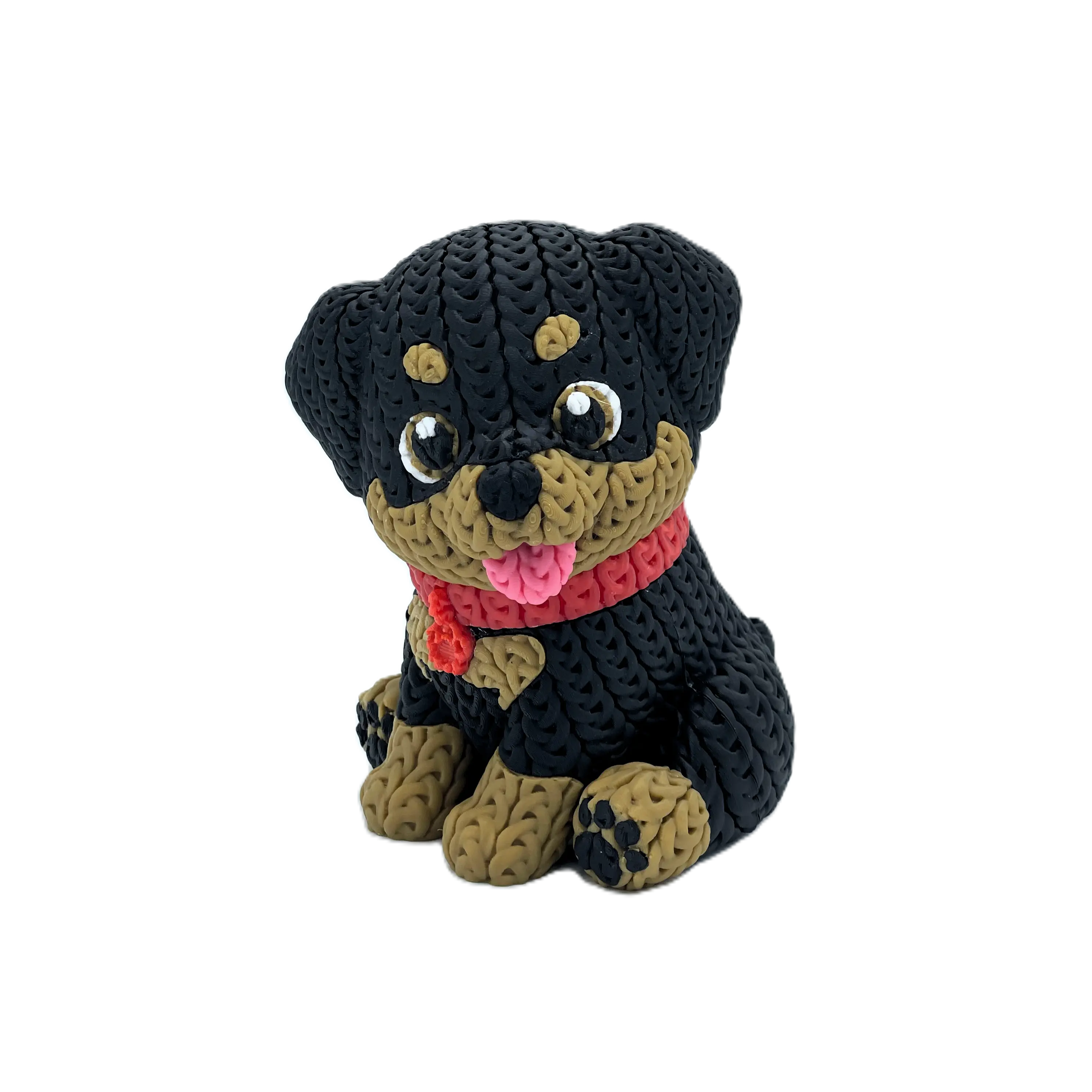3D-gedruckter Rottweiler in Strickoptik und mit drehbarem Kopf – Rotes Halsband