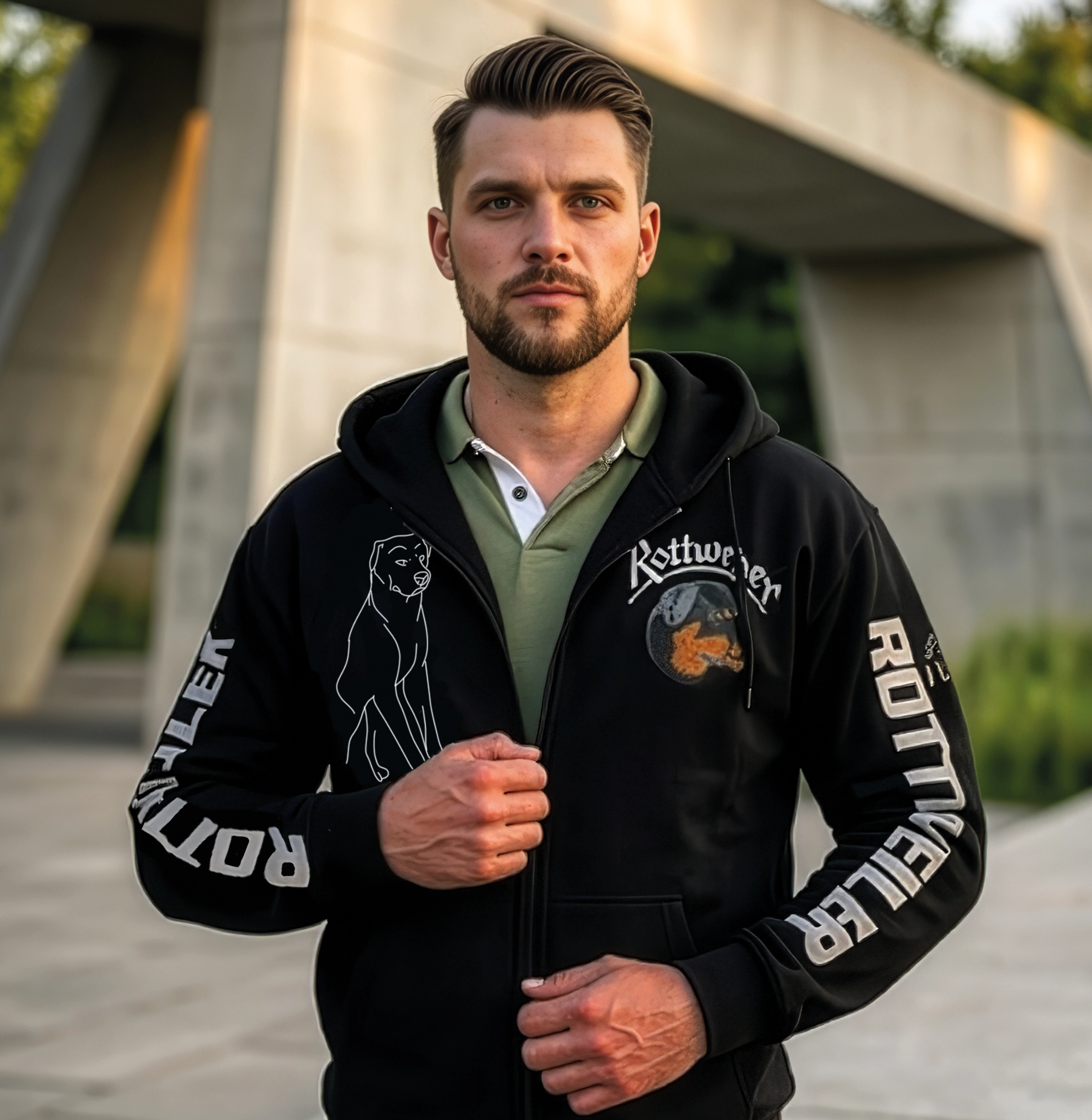 Rottweiler Hoodiejacke Schwarz mit Patches, XXL