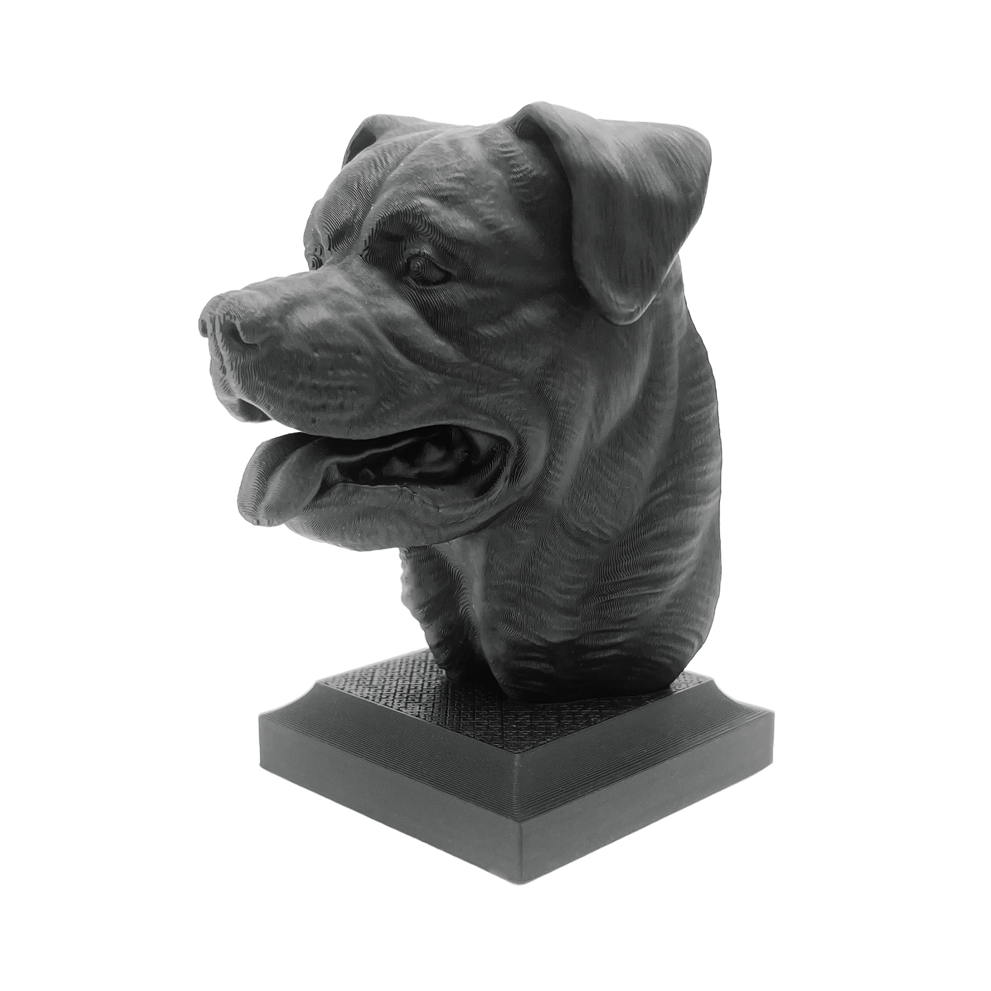 Rottweiler Kopf mit geöffnetem Maul - 3D Skulptur mit Sockel