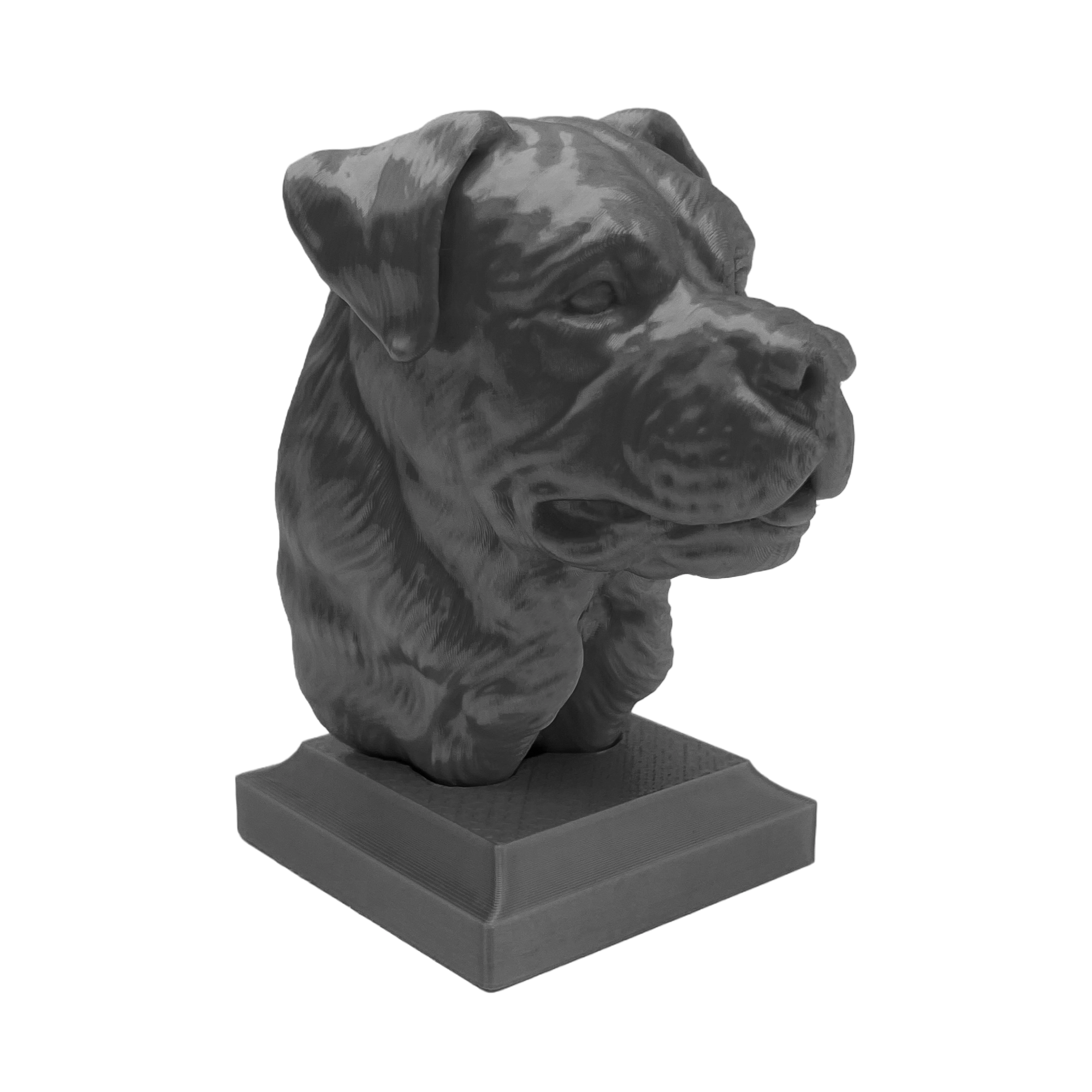 Rottweiler Kopf mit leicht geöffnetem Maul - 3D Skulptur mit Sockel in Schwarz Rottweiler Kopf mit leicht geöffnetem Maul - 3D Skulptur mit Sockel in Schwarz