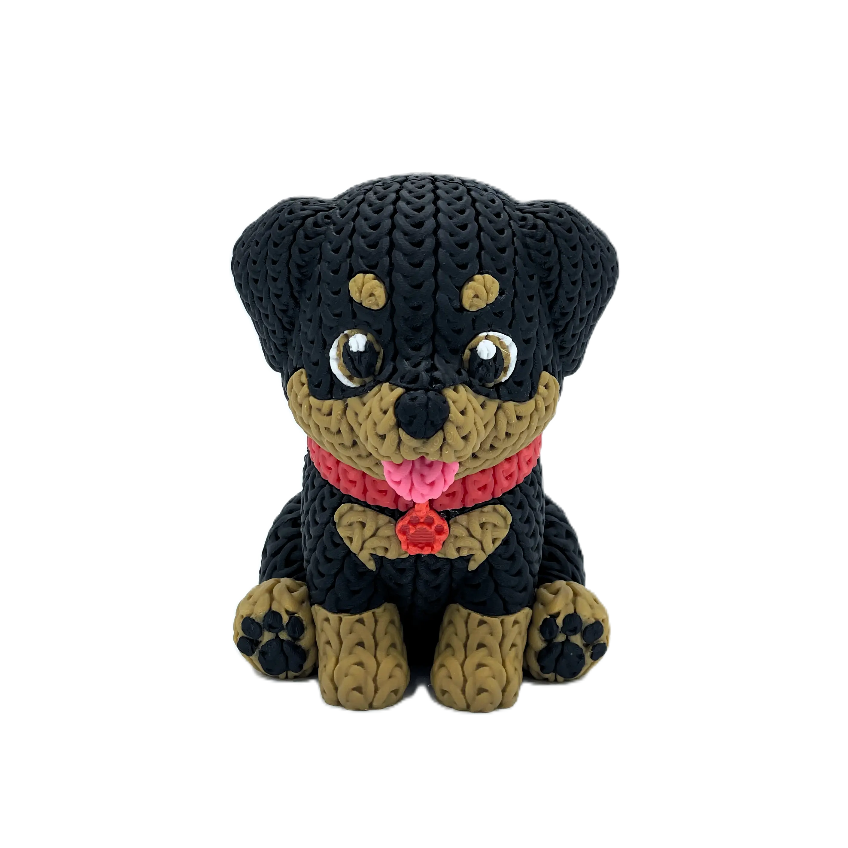 3D-gedruckter Rottweiler in Strickoptik und mit drehbarem Kopf – Rotes Halsband 3D-gedruckter Rottweiler in Strickoptik und mit drehbarem Kopf – Rotes Halsband