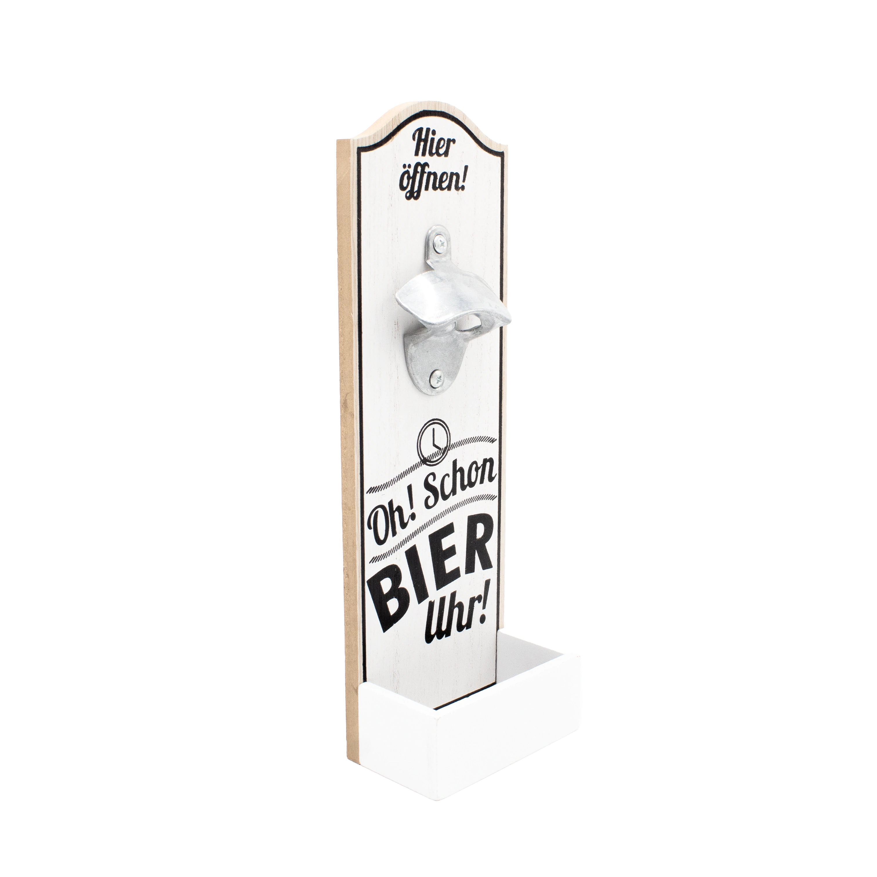 Wandflaschenöffner aus Holz "Oh! Schon Bier Uhr!" – mit Kronkorken-Auffangbehälter Wandflaschenöffner aus Holz "Oh! Schon Bier Uhr!" – mit Kronkorken-Auffangbehälter