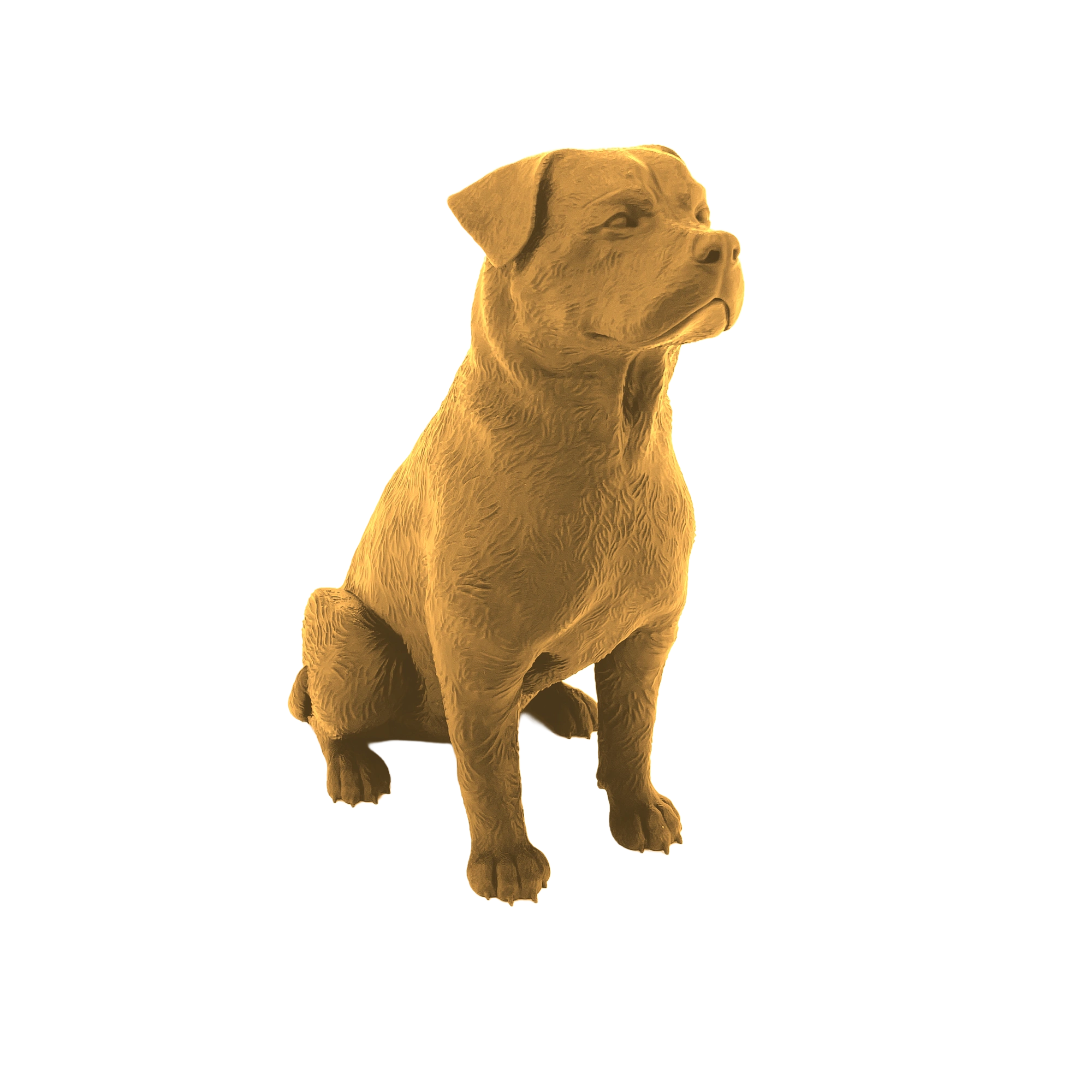 Rottweiler Figur sitzend – 3D-gedruckte Dekofigur in Gold Rottweiler Figur sitzend – 3D-gedruckte Dekofigur in Gold