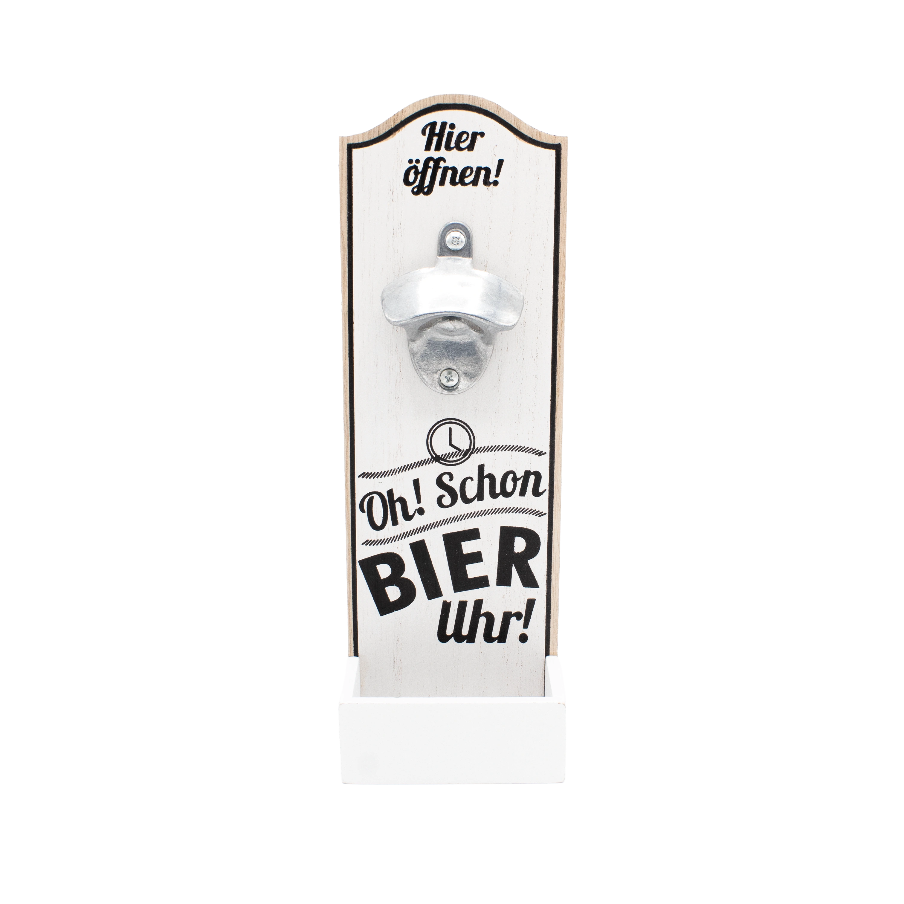 Wandflaschenöffner aus Holz "Oh! Schon Bier Uhr!" – mit Kronkorken-Auffangbehälter Wandflaschenöffner aus Holz "Oh! Schon Bier Uhr!" – mit Kronkorken-Auffangbehälter