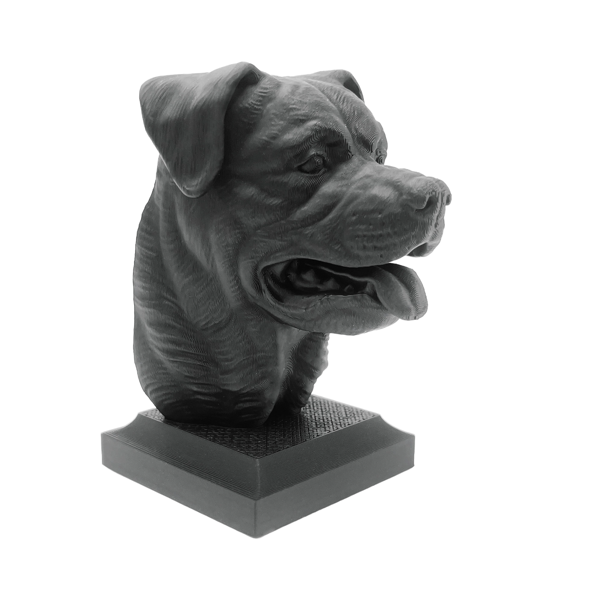 Rottweiler Kopf mit geöffnetem Maul - 3D Skulptur mit Sockel in Schwarz Rottweiler Kopf mit geöffnetem Maul - 3D Skulptur mit Sockel in Schwarz
