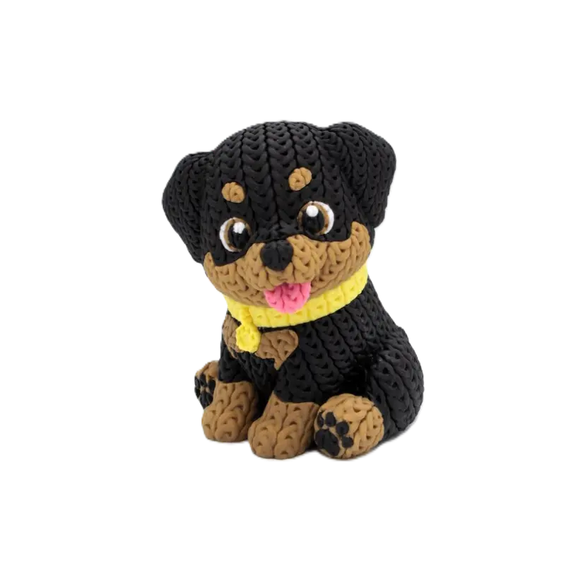 3D-gedruckter Rottweiler in Strickoptik und mit drehbarem Kopf – Gelbes Halsband 3D-gedruckter Rottweiler in Strickoptik und mit drehbarem Kopf – Gelbes Halsband