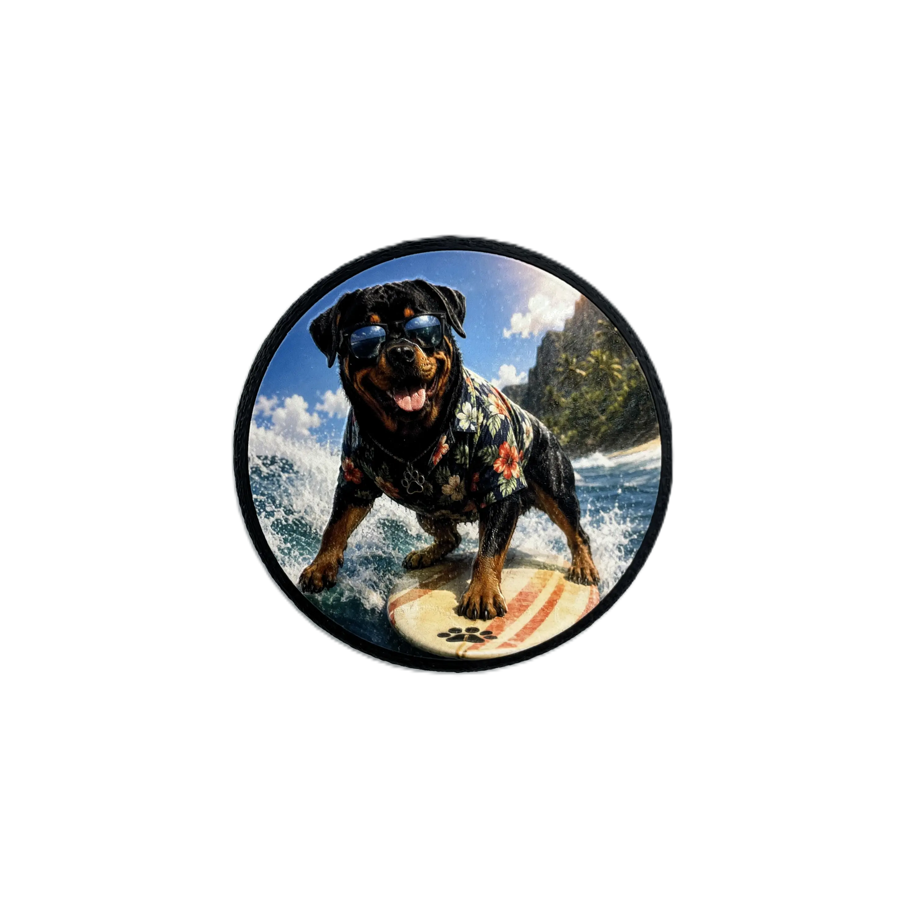 3D-Magnet "Chillout am Strand" – surfender Rottweiler im Hawaiihemd 3D-Magnet "Chillout am Strand" – surfender Rottweiler im Hawaiihemd