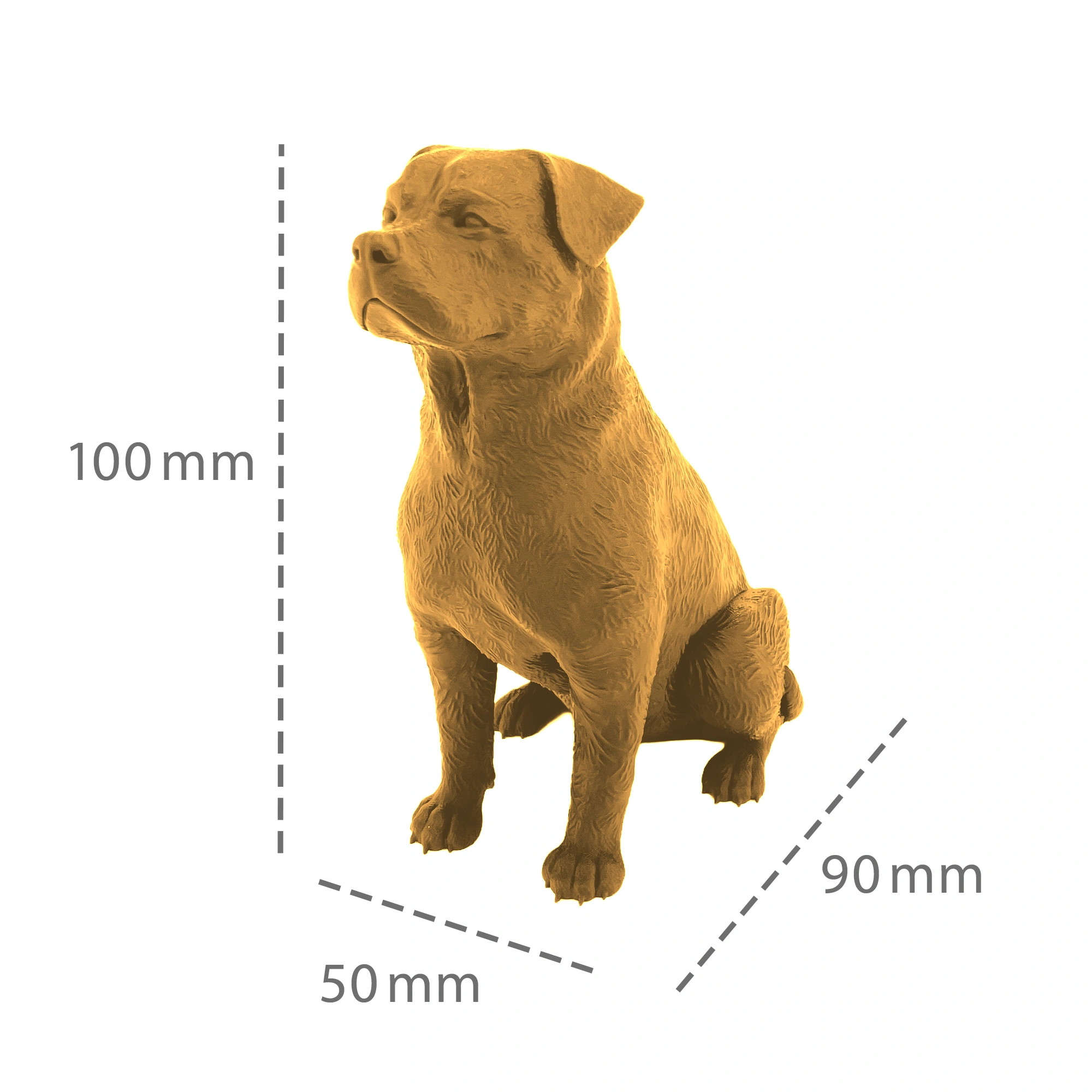 Rottweiler Figur sitzend – 3D-gedruckte Dekofigur in Gold