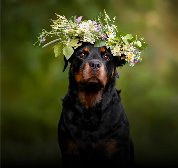 Rottweiler mit Blumenkranz