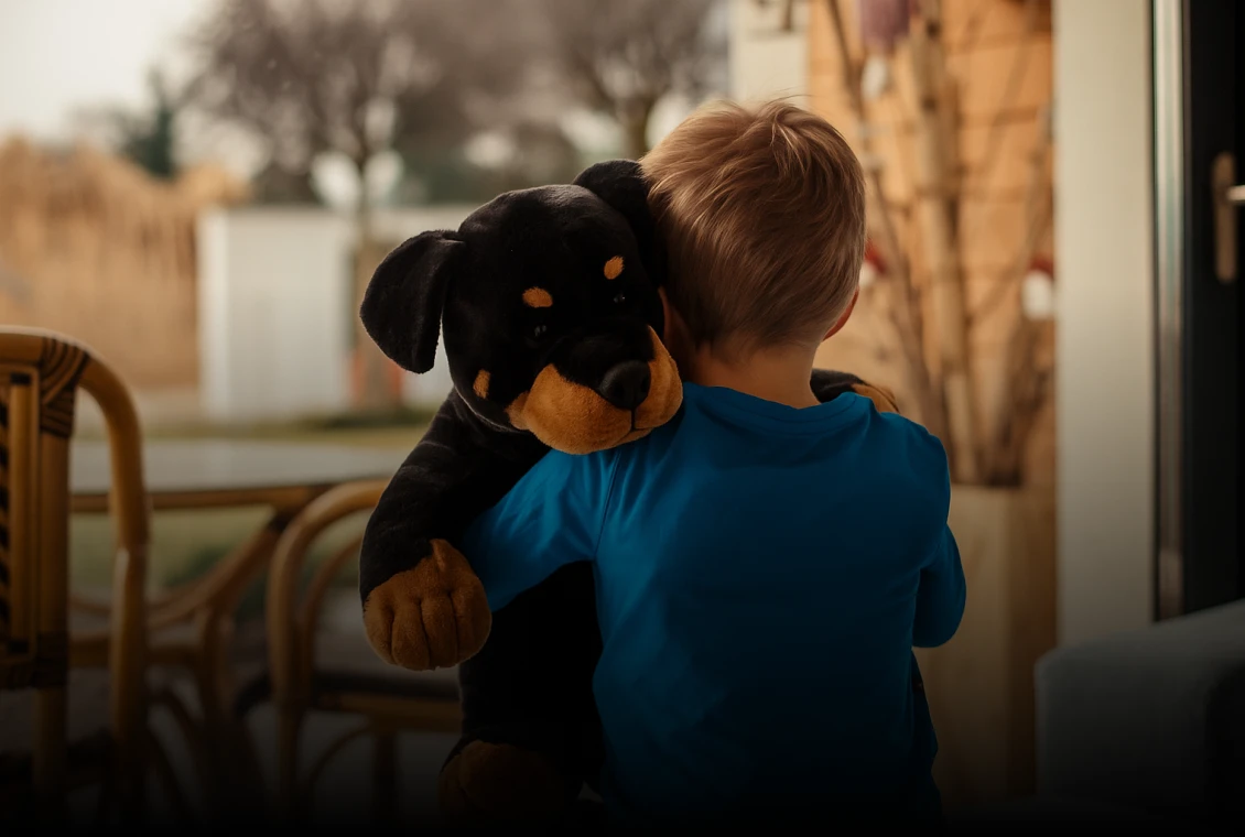 Kind mit Rottweiler Kuscheltier Kind mit Rottweiler Kuscheltier